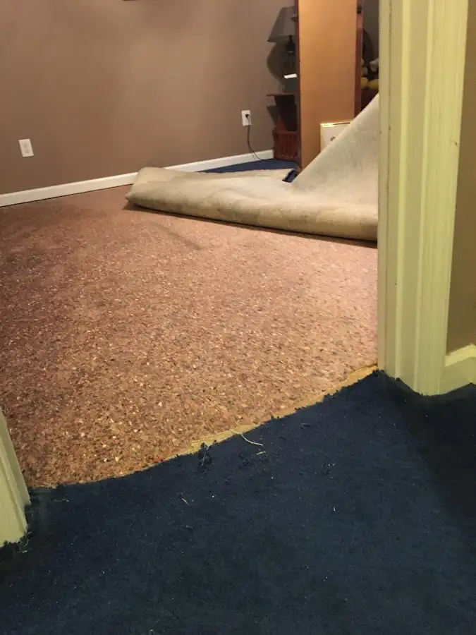 Carpet pad removal revealing water damage during Drying & Dehumidification in Fort Riley